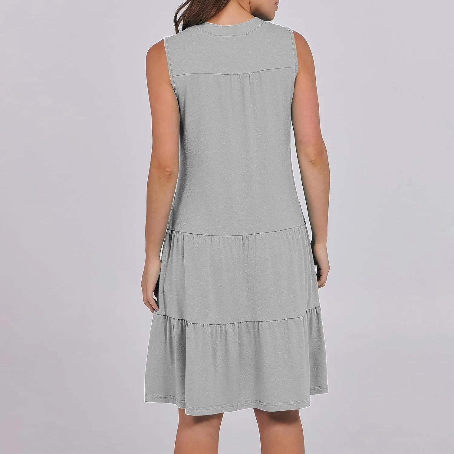 XUNRYAN Womens Tank Dresses Summer Casual Sleeveless V-Neck Tiered Ruffle Flowy Mini Dress Pockets Beach Vacation Outfit