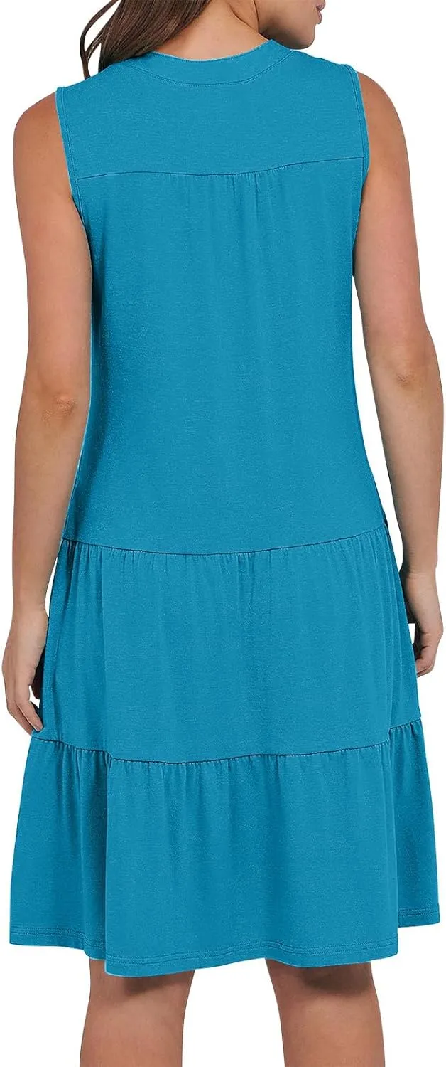 XUNRYAN Womens Tank Dresses Summer Casual Sleeveless V-Neck Tiered Ruffle Flowy Mini Dress Pockets Beach Vacation Outfit