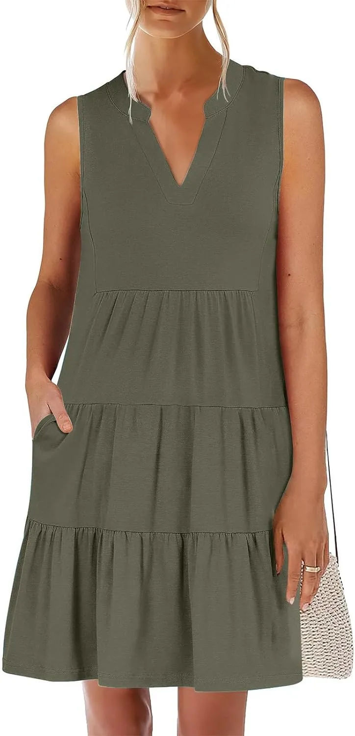 XUNRYAN Womens Tank Dresses Summer Casual Sleeveless V-Neck Tiered Ruffle Flowy Mini Dress Pockets Beach Vacation Outfit