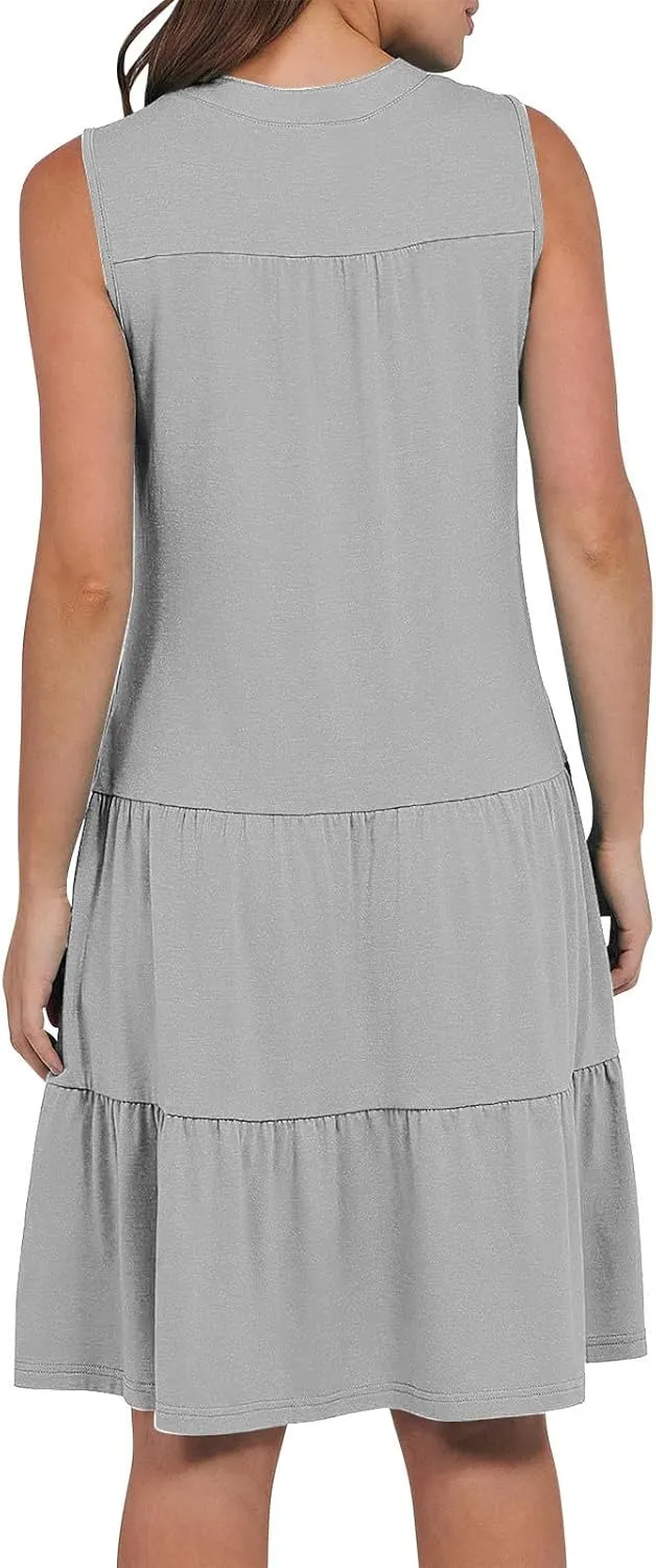 XUNRYAN Womens Tank Dresses Summer Casual Sleeveless V-Neck Tiered Ruffle Flowy Mini Dress Pockets Beach Vacation Outfit