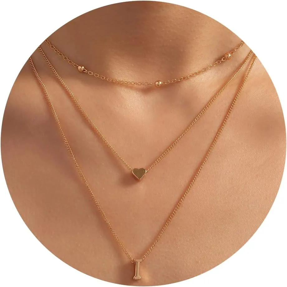 YANCHUN Layered Initial Necklaces for Women Dainty Heart Initial Necklaces Letter Necklace Pendant Choker Beach Vacation Essentials Jewelry Gifts for Women