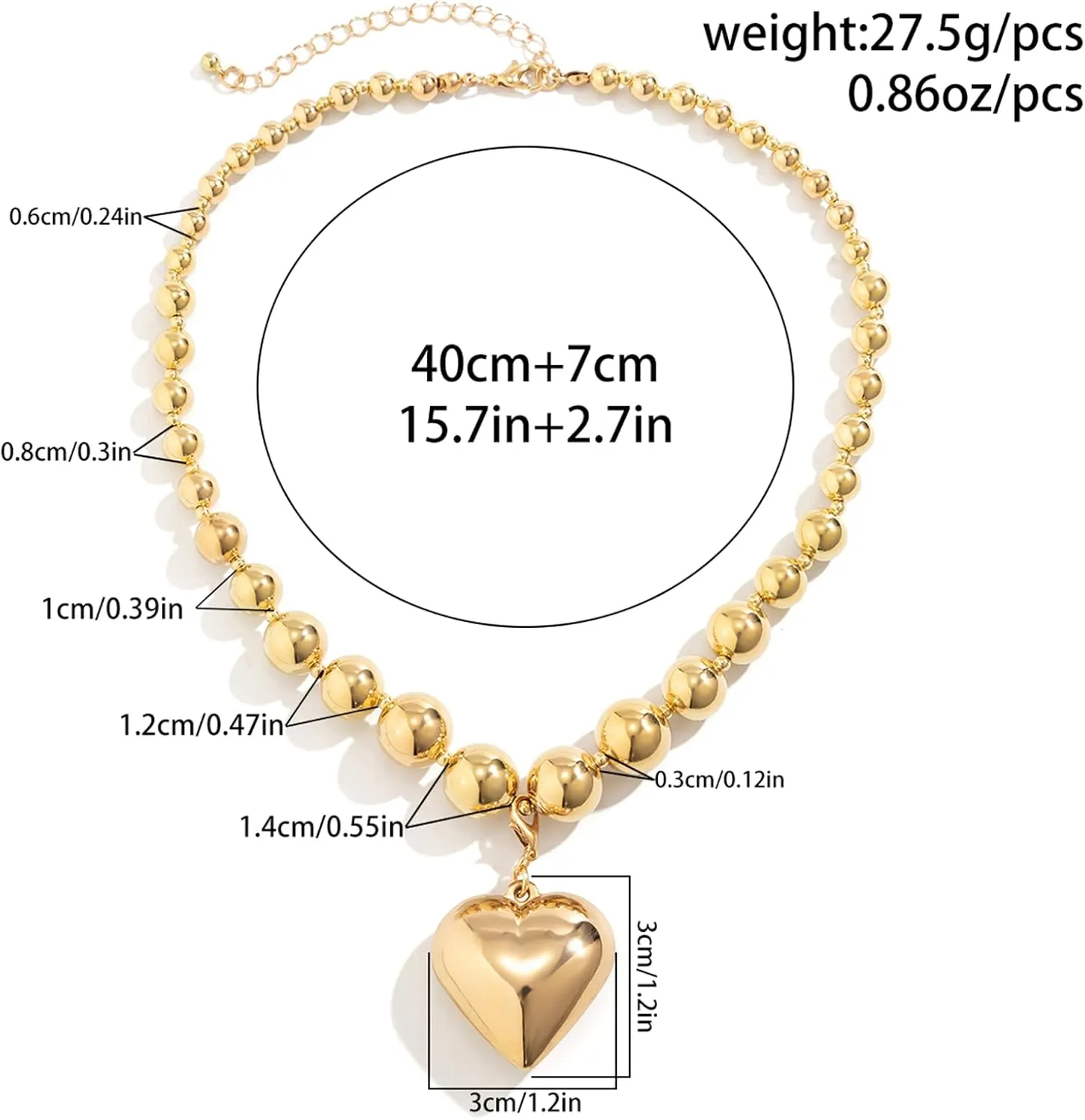 YBMYCM Heart Pendant Choker Necklaces Chunky Golden Bead Choker Necklaces for Women Gifts Jewelry