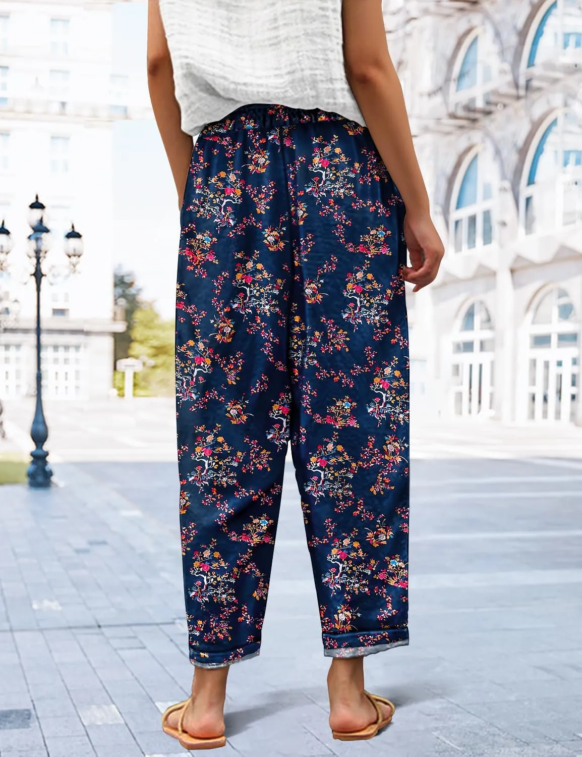 YESNO Casual Pants for Women Summer Floral Boho Lightweight Drawstring Elastic High Waist Pants with Pockets PHT