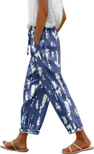 YESNO Casual Pants for Women Summer Floral Boho Lightweight Drawstring Elastic High Waist Pants with Pockets PHT