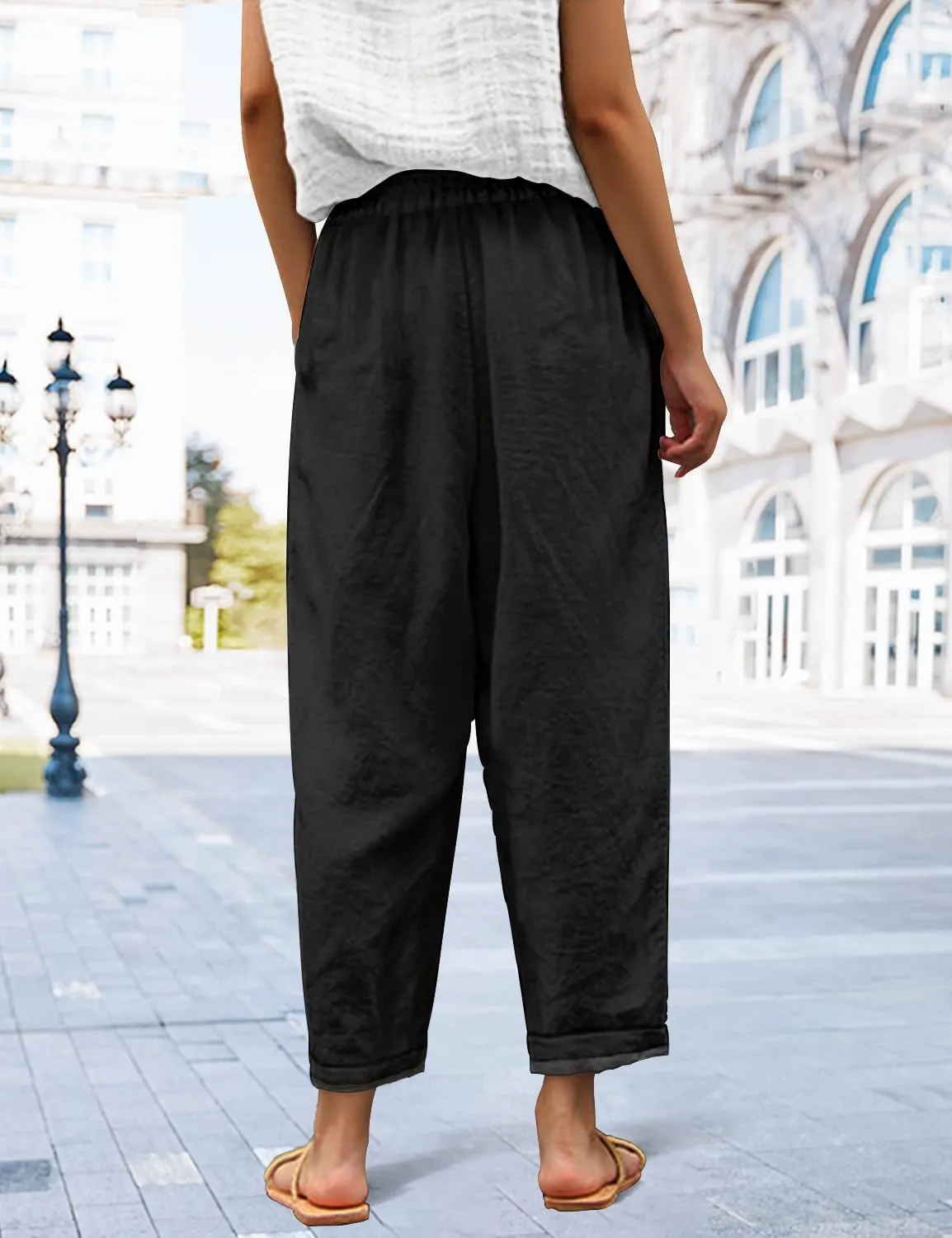 YESNO Casual Pants for Women Summer Floral Boho Lightweight Drawstring Elastic High Waist Pants with Pockets PHT