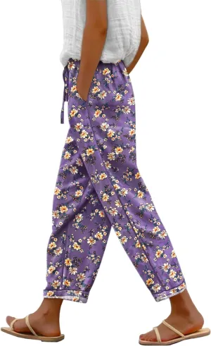 YESNO Casual Pants for Women Summer Floral Boho Lightweight Drawstring Elastic High Waist Pants with Pockets PHT