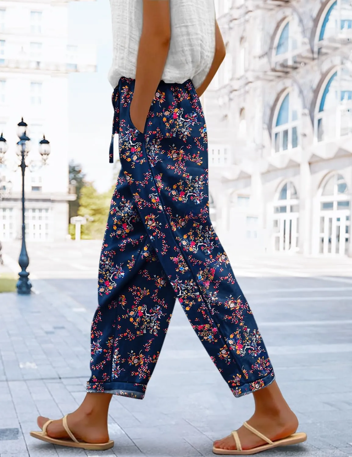 YESNO Casual Pants for Women Summer Floral Boho Lightweight Drawstring Elastic High Waist Pants with Pockets PHT