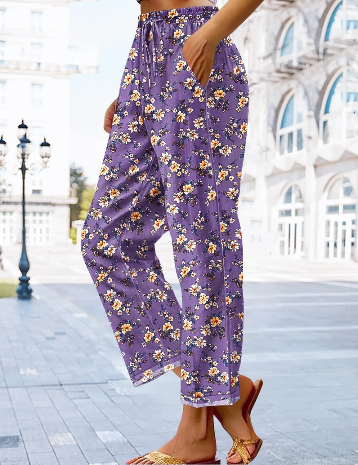 YESNO Casual Pants for Women Summer Floral Boho Lightweight Drawstring Elastic High Waist Pants with Pockets PHT