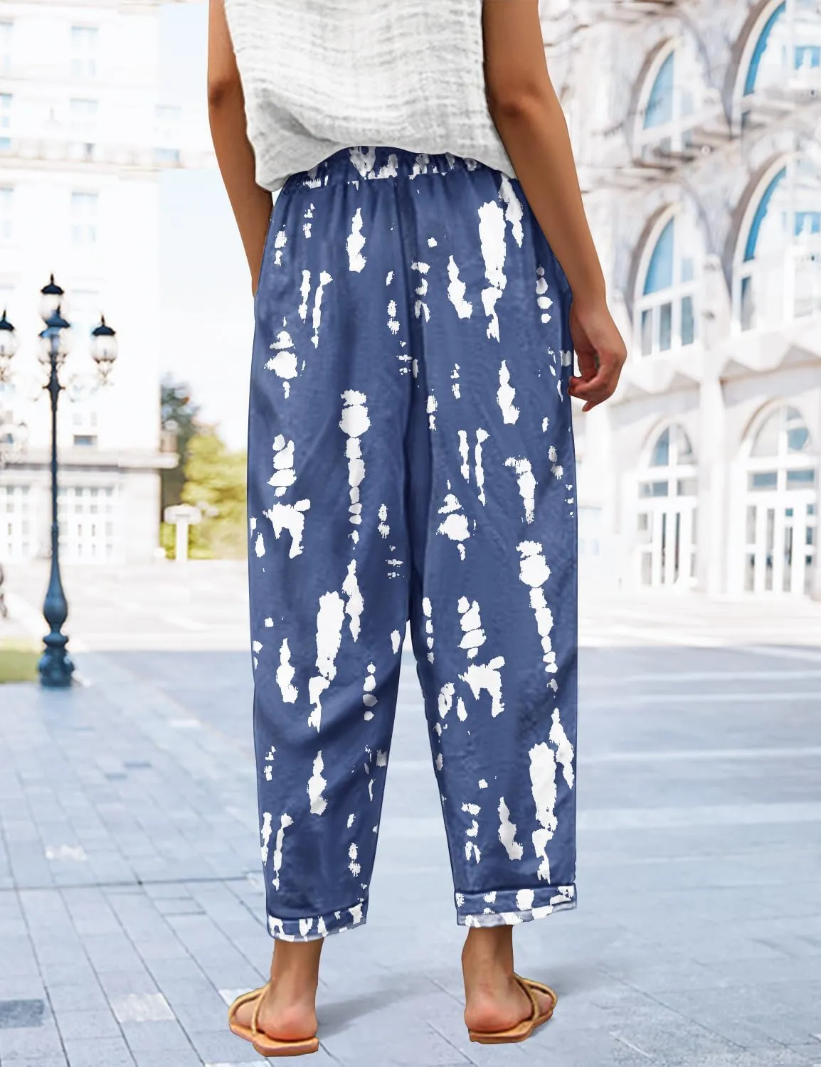 YESNO Casual Pants for Women Summer Floral Boho Lightweight Drawstring Elastic High Waist Pants with Pockets PHT
