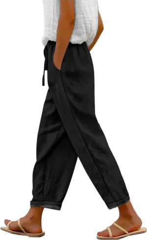 YESNO Casual Pants for Women Summer Floral Boho Lightweight Drawstring Elastic High Waist Pants with Pockets PHT