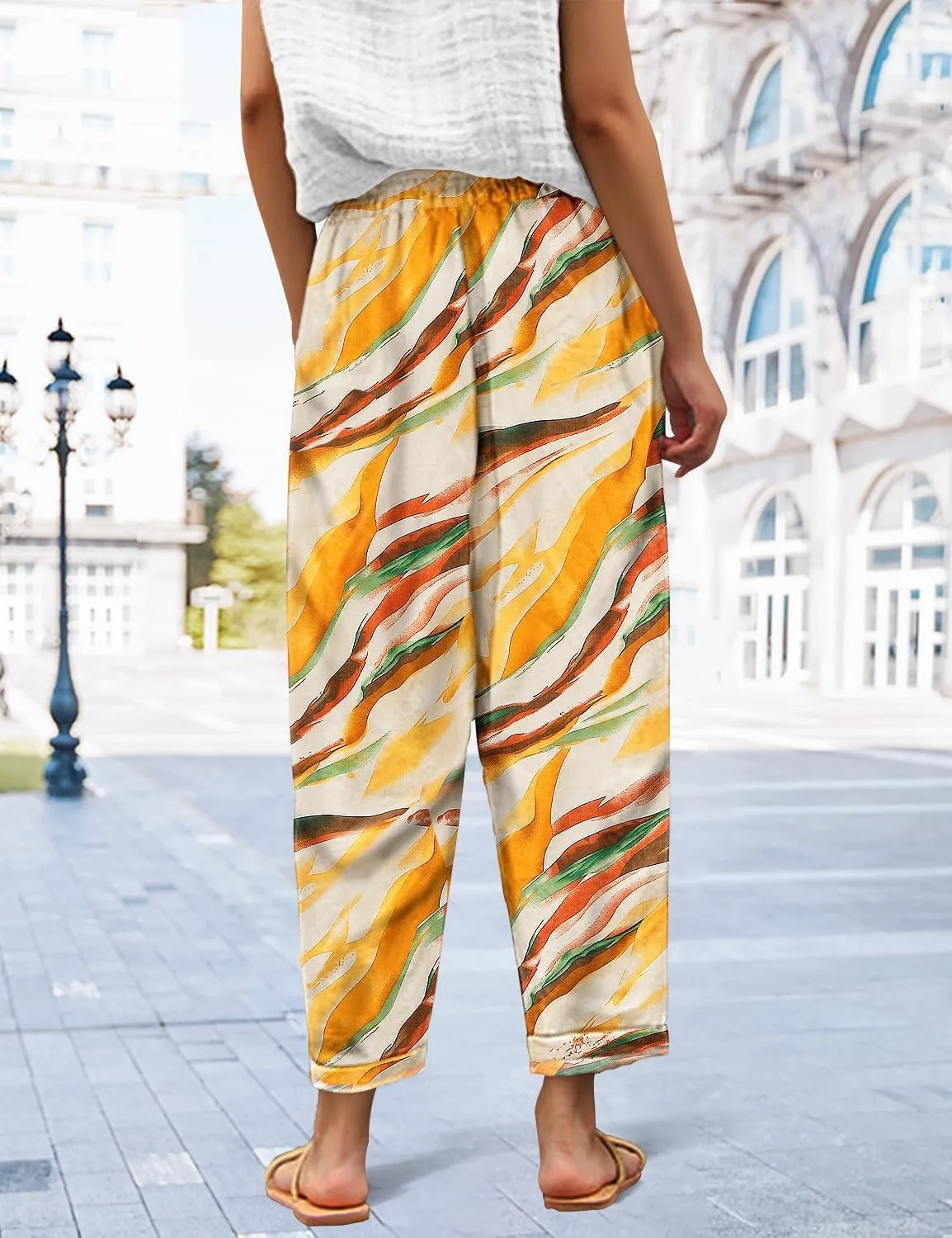 YESNO Casual Pants for Women Summer Floral Boho Lightweight Drawstring Elastic High Waist Pants with Pockets PHT