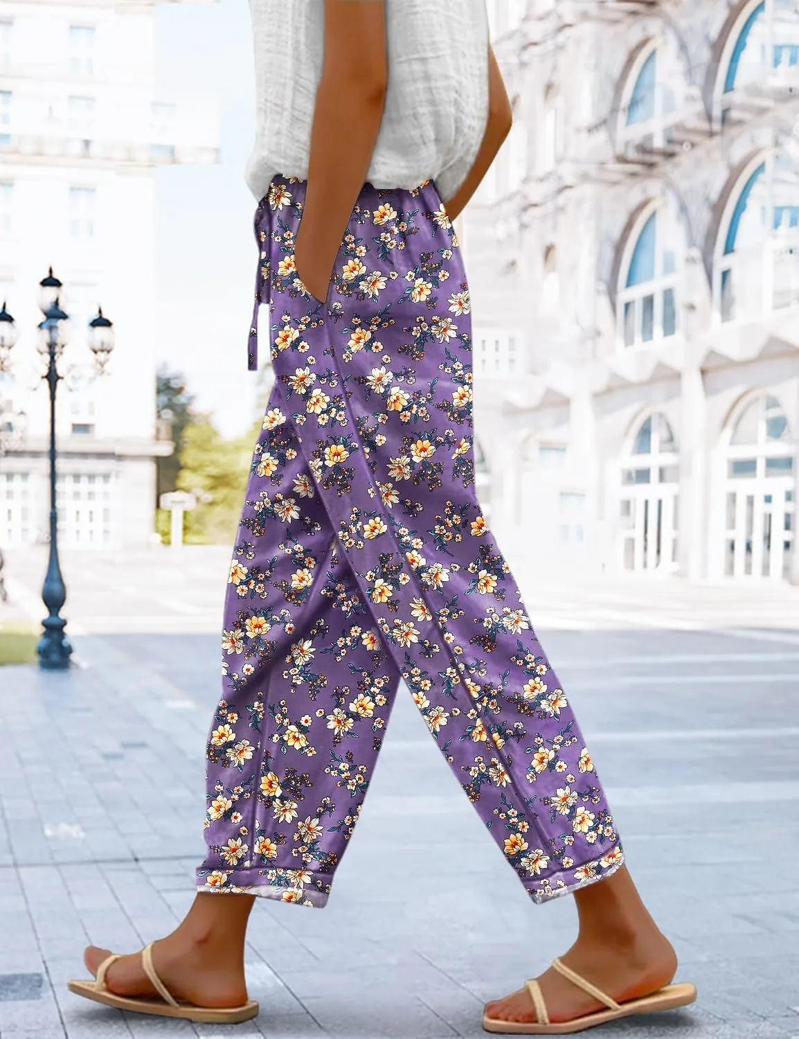 YESNO Casual Pants for Women Summer Floral Boho Lightweight Drawstring Elastic High Waist Pants with Pockets PHT