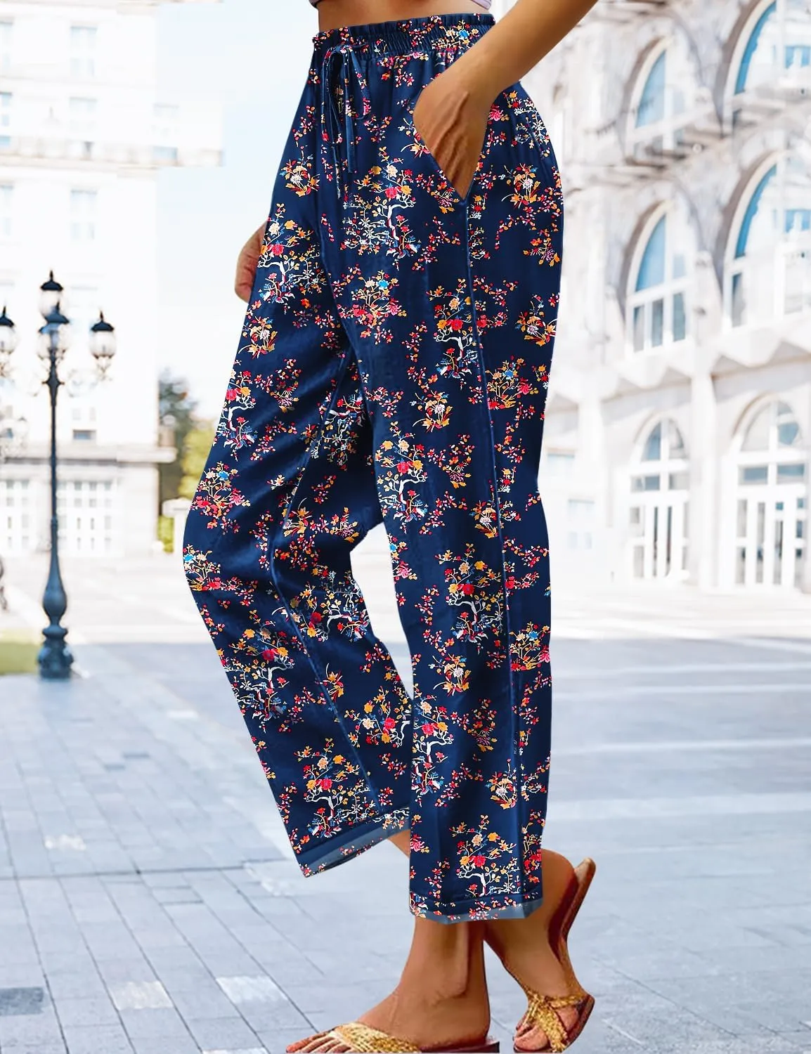 YESNO Casual Pants for Women Summer Floral Boho Lightweight Drawstring Elastic High Waist Pants with Pockets PHT