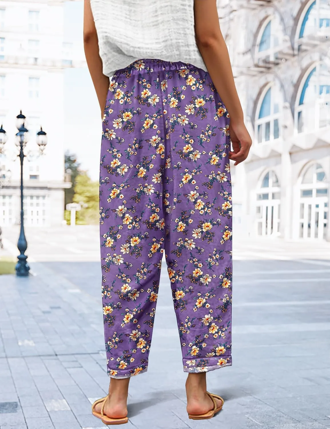 YESNO Casual Pants for Women Summer Floral Boho Lightweight Drawstring Elastic High Waist Pants with Pockets PHT
