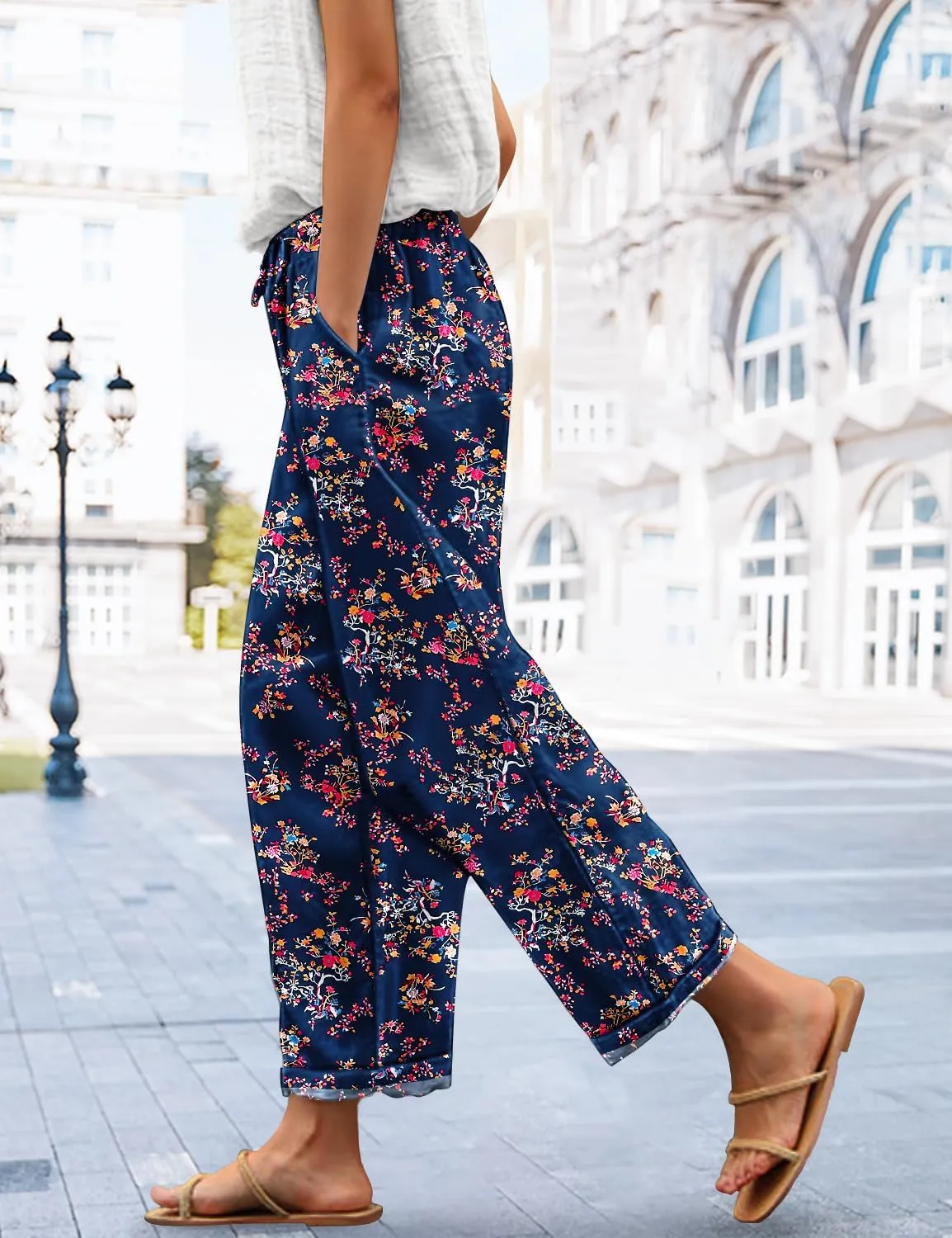 YESNO Casual Pants for Women Summer Floral Boho Lightweight Drawstring Elastic High Waist Pants with Pockets PHT