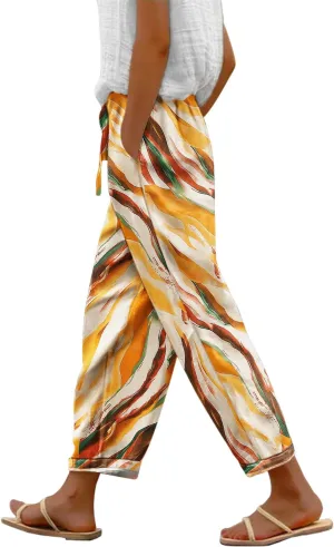 YESNO Casual Pants for Women Summer Floral Boho Lightweight Drawstring Elastic High Waist Pants with Pockets PHT