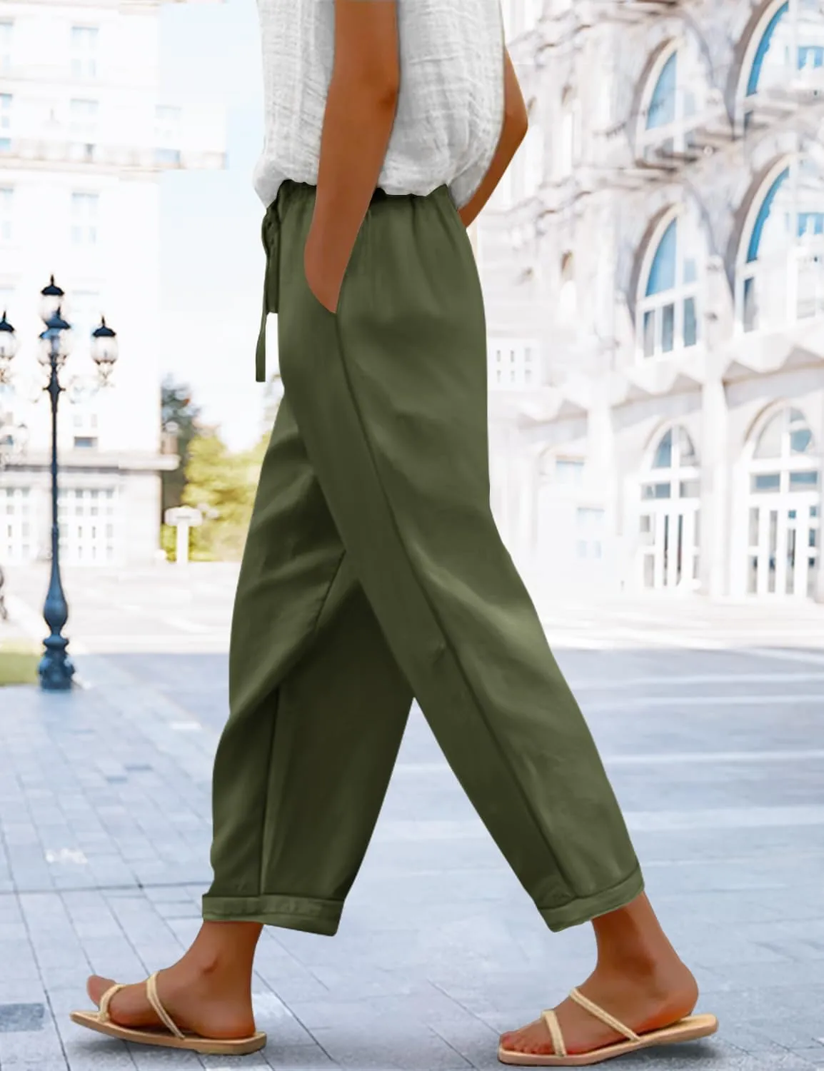 YESNO Casual Pants for Women Summer Floral Boho Lightweight Drawstring Elastic High Waist Pants with Pockets PHT
