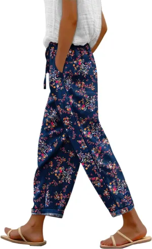 YESNO Casual Pants for Women Summer Floral Boho Lightweight Drawstring Elastic High Waist Pants with Pockets PHT