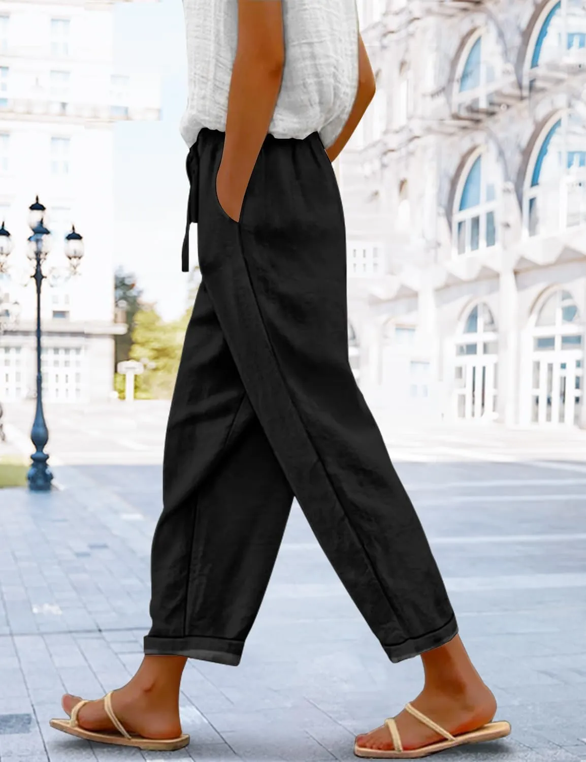 YESNO Casual Pants for Women Summer Floral Boho Lightweight Drawstring Elastic High Waist Pants with Pockets PHT