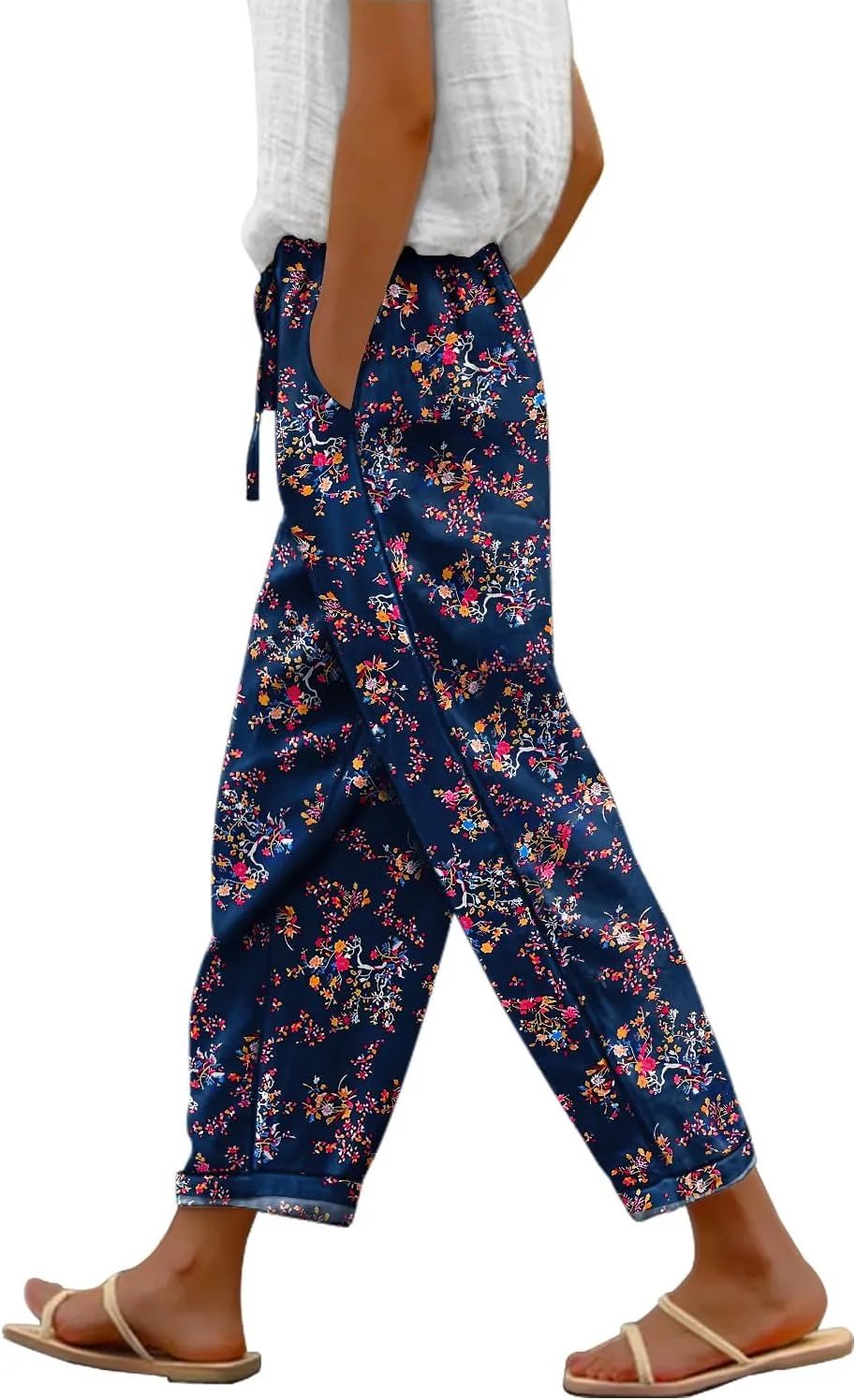 YESNO Casual Pants for Women Summer Floral Boho Lightweight Drawstring Elastic High Waist Pants with Pockets PHT