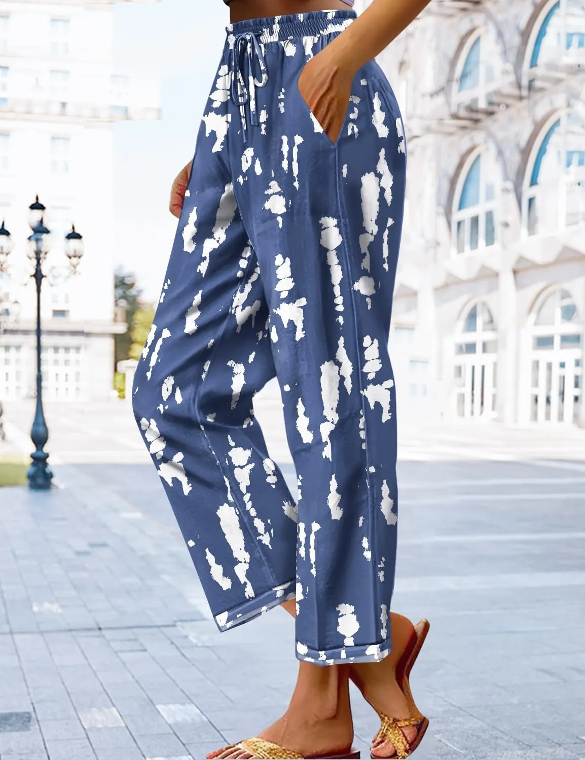 YESNO Casual Pants for Women Summer Floral Boho Lightweight Drawstring Elastic High Waist Pants with Pockets PHT