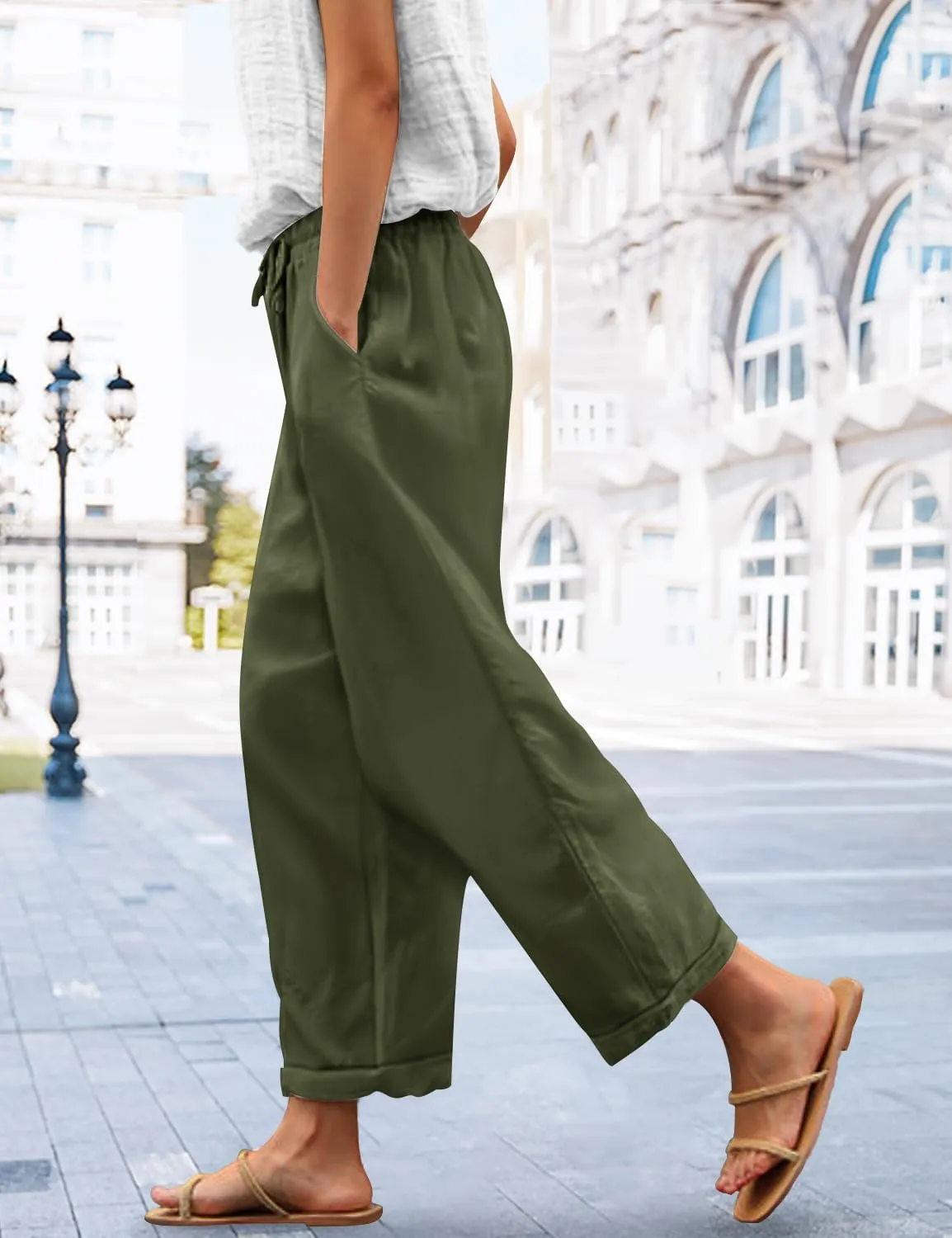 YESNO Casual Pants for Women Summer Floral Boho Lightweight Drawstring Elastic High Waist Pants with Pockets PHT
