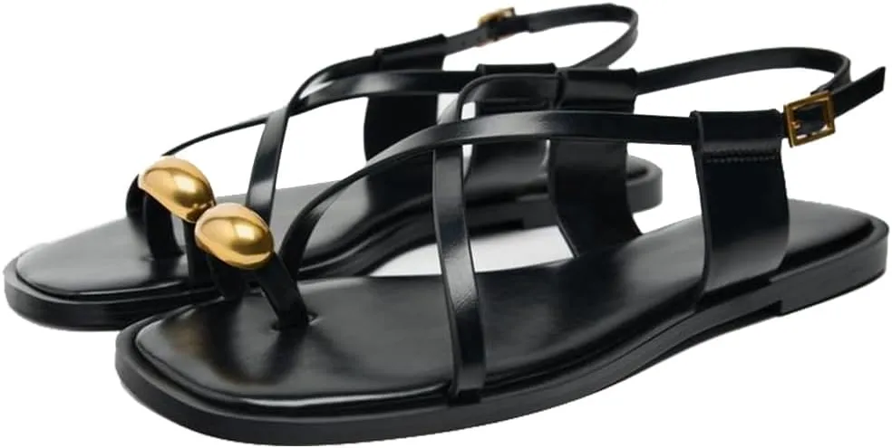 YIYA Women's Gladiator Flat Strappy Sandals Open Square Toe Flat Low Heels Ankle Strap Summer Dress Wrap Shoes