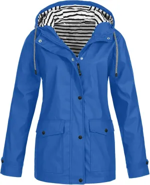 YRAETENM Rain Jacket Women Active Outdoor Waterproof Hooded Trench Coats Striped Lined Lightweight Raincoat Windbreaker
