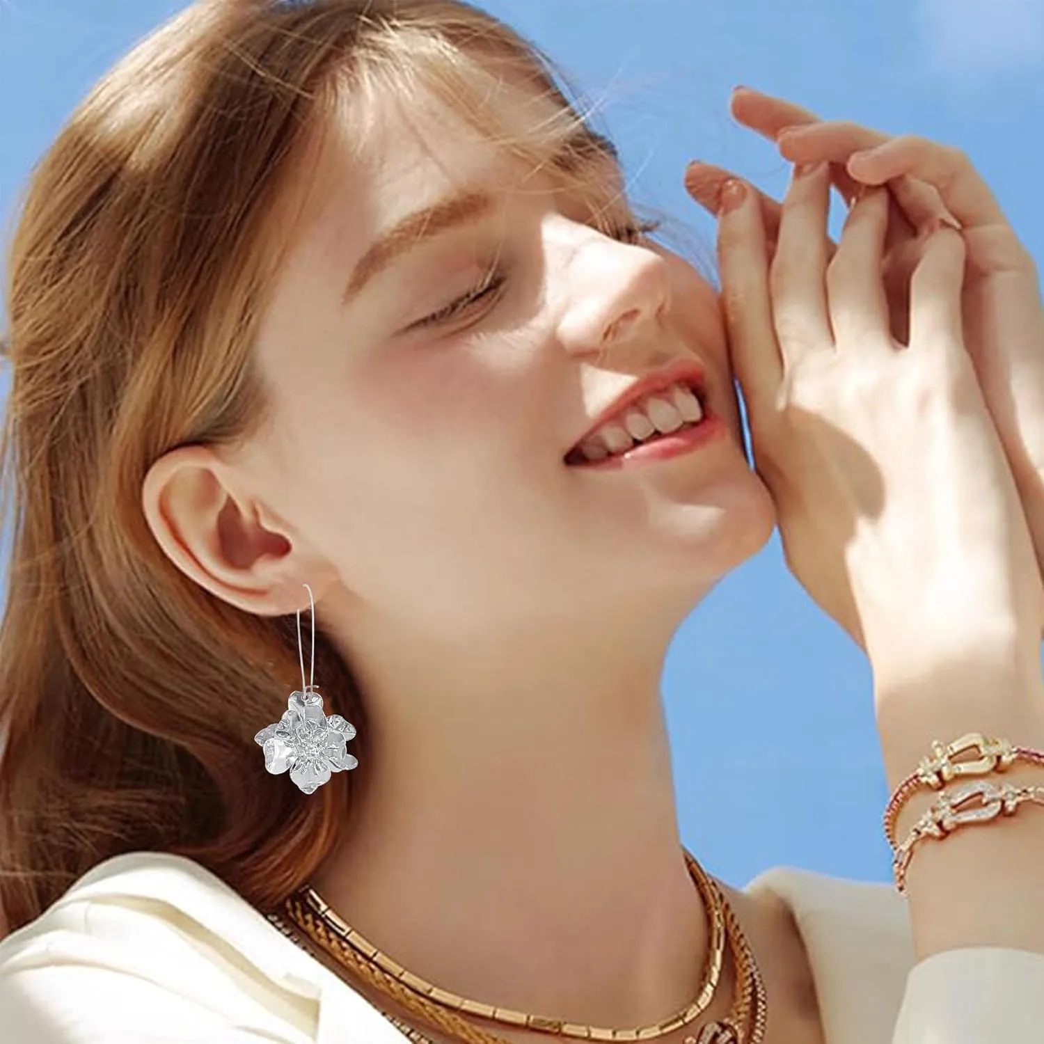 YUNXI Unique Boho Flower Dangle Earrings Exaggerated Layered Floral Petal Drop Dangle Statement Stud Earring for Women Jewelry with Box