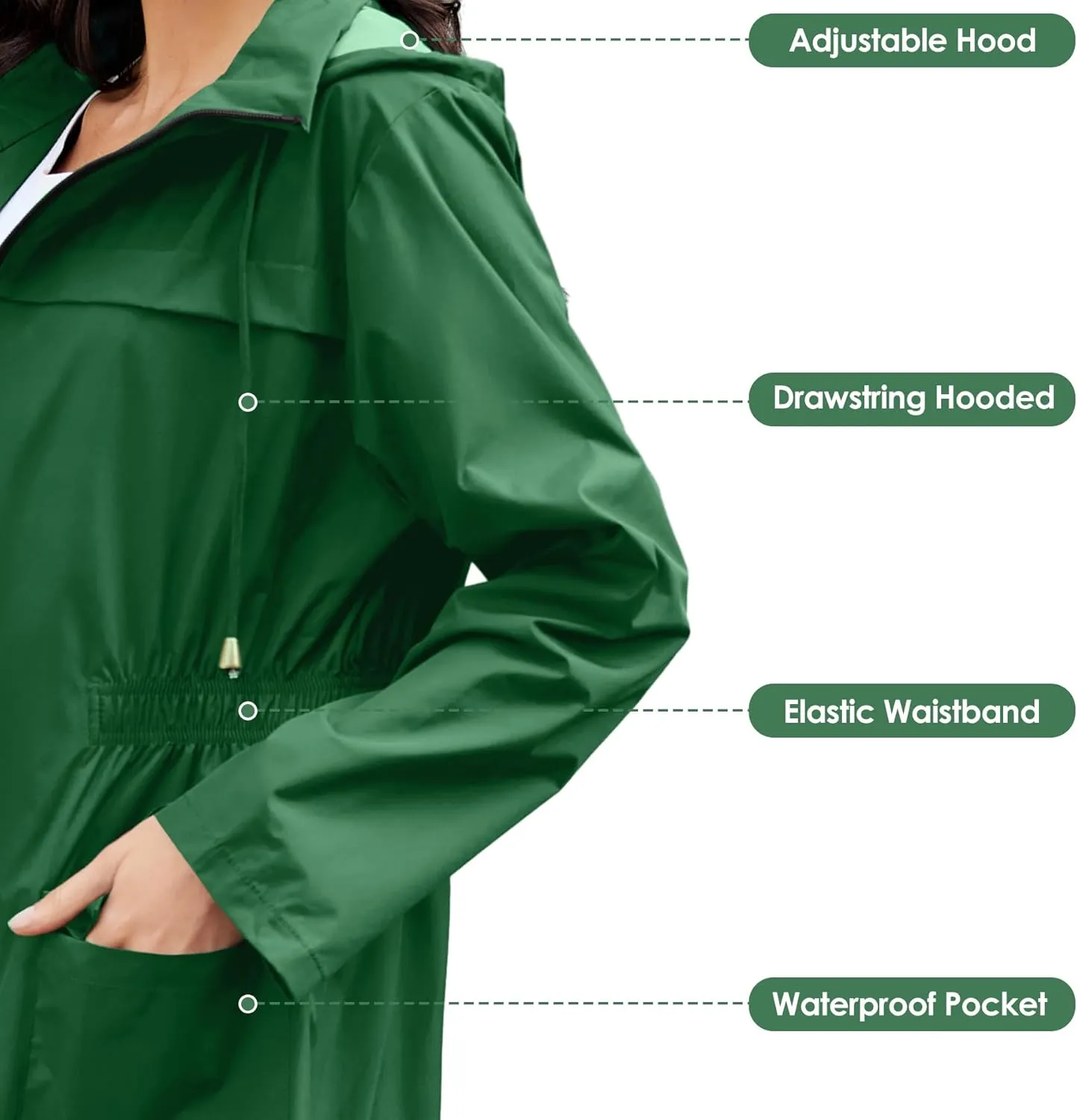 Zando Packable Rain Jacket Women Waterproof Long Rain Coat Lightweight with Hood Windbreaker Jackets Outdoor Trench Coat