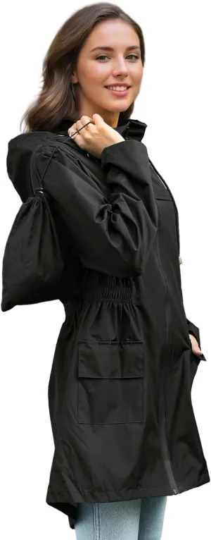 Zando Packable Rain Jacket Women Waterproof Long Rain Coat Lightweight with Hood Windbreaker Jackets Outdoor Trench Coat