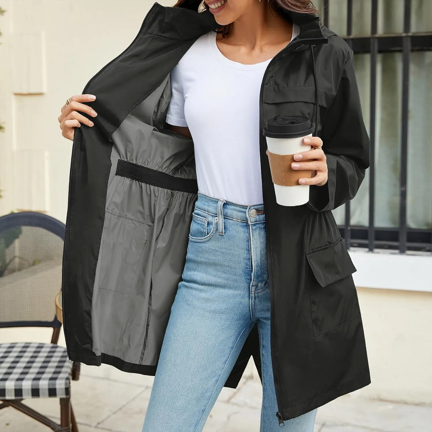 Zando Packable Rain Jacket Women Waterproof Long Rain Coat Lightweight with Hood Windbreaker Jackets Outdoor Trench Coat