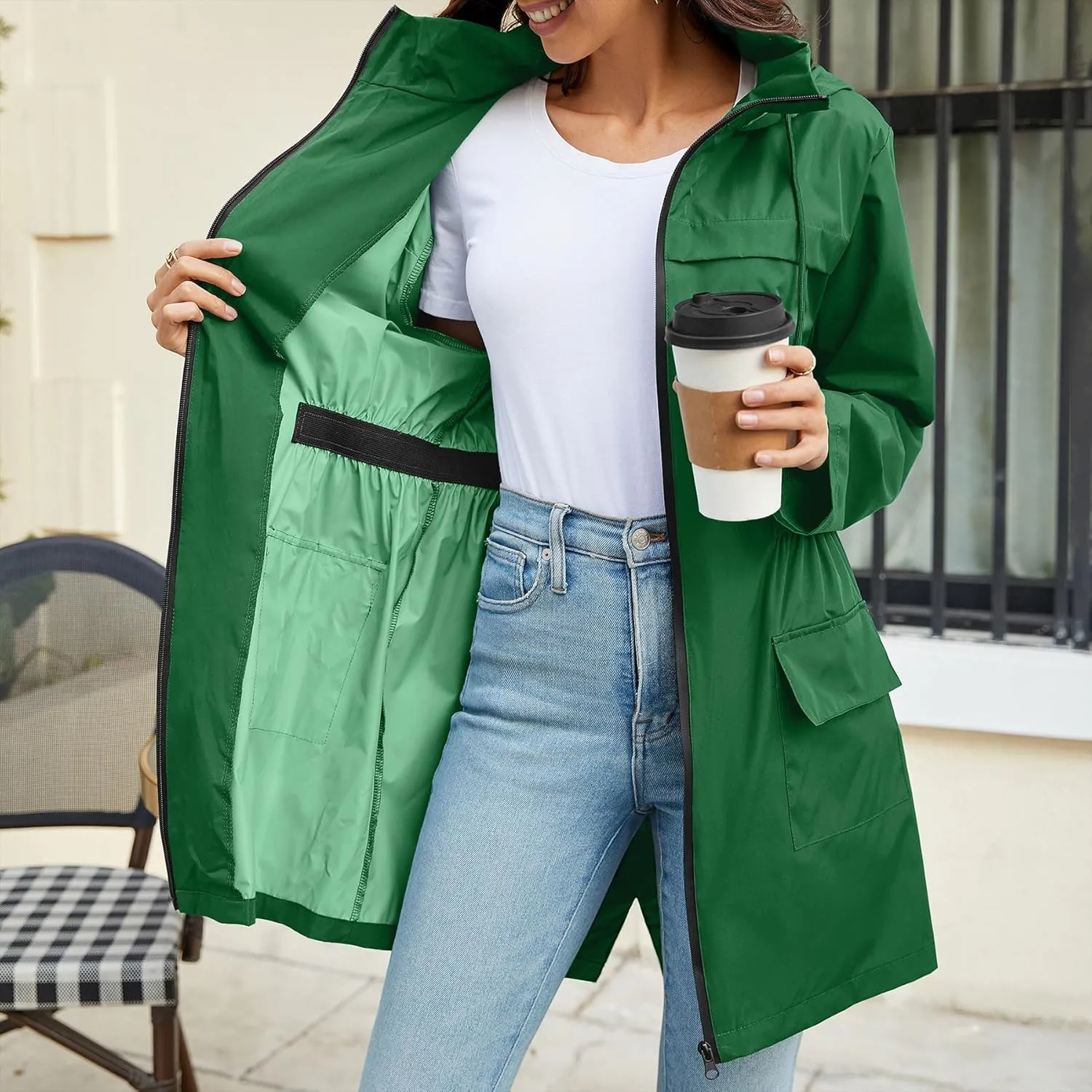 Zando Packable Rain Jacket Women Waterproof Long Rain Coat Lightweight with Hood Windbreaker Jackets Outdoor Trench Coat
