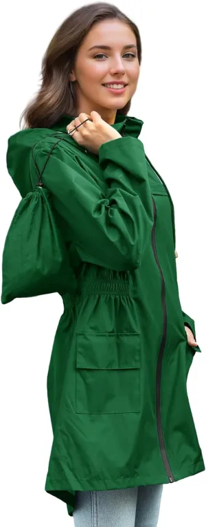 Zando Packable Rain Jacket Women Waterproof Long Rain Coat Lightweight with Hood Windbreaker Jackets Outdoor Trench Coat