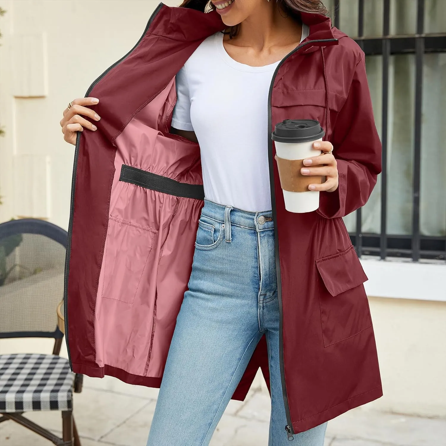 Zando Packable Rain Jacket Women Waterproof Long Rain Coat Lightweight with Hood Windbreaker Jackets Outdoor Trench Coat
