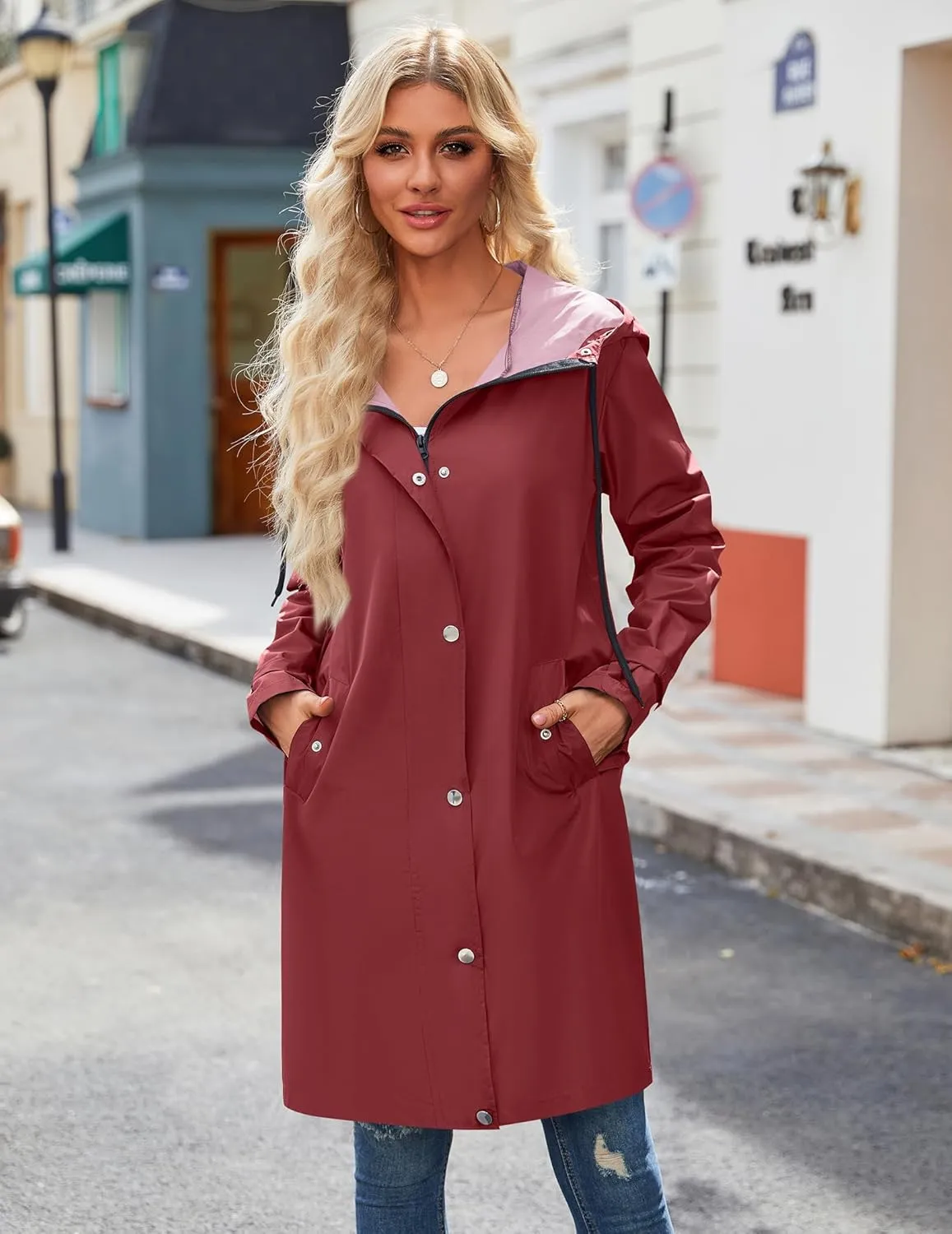 Zeagoo Womens Waterproof Raincoat Lightweight Rain Jacket Women Long Hooded Trench Coats Outdoor Windbreaker Travel Jacket