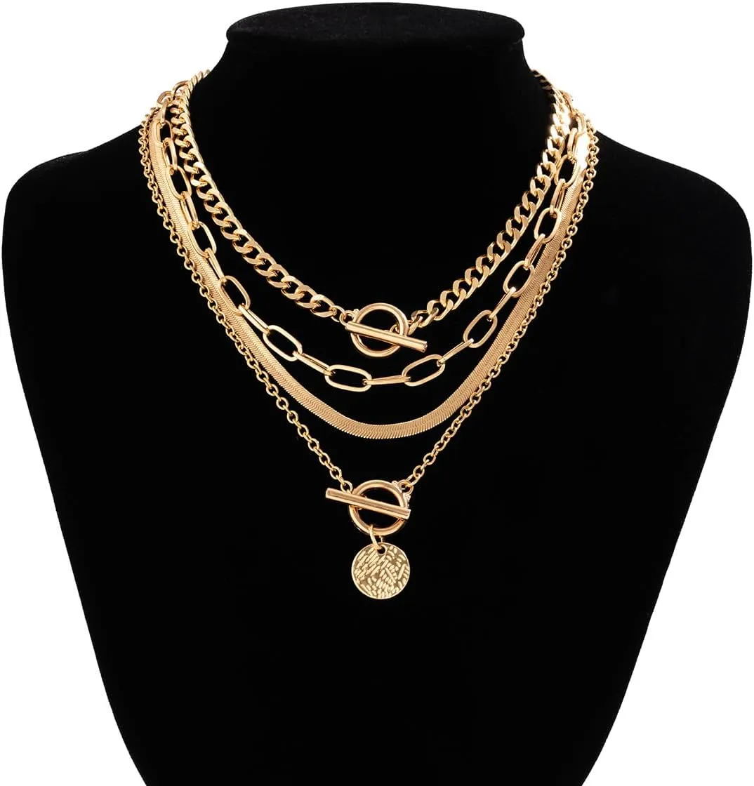 ZMANYIJEW 4pcs Layered Gold Necklaces for Women,Chunky Gold Necklace Herringbone Paperclip Chain Necklace for Women Teen Girls Retro Coin Medallion Pendant Necklaces for Mother's Day