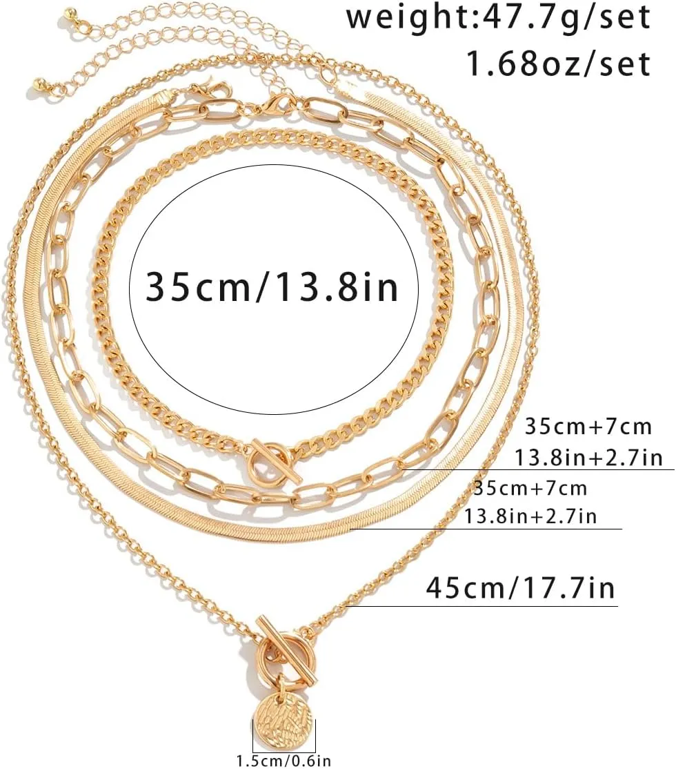 ZMANYIJEW 4pcs Layered Gold Necklaces for Women,Chunky Gold Necklace Herringbone Paperclip Chain Necklace for Women Teen Girls Retro Coin Medallion Pendant Necklaces for Mother's Day