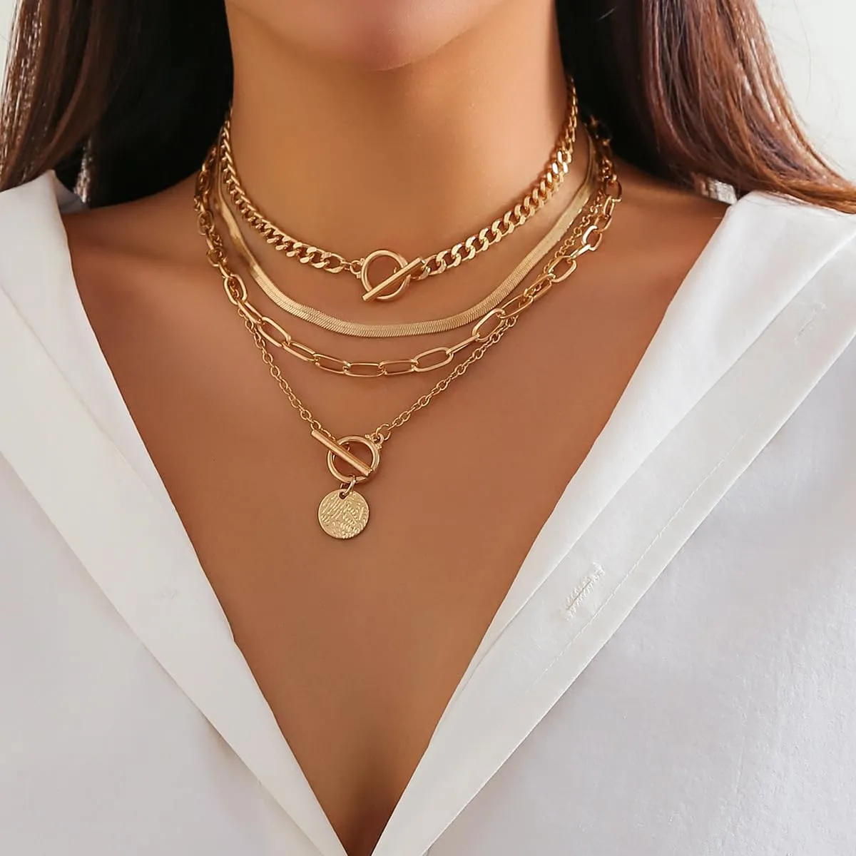 ZMANYIJEW 4pcs Layered Gold Necklaces for Women,Chunky Gold Necklace Herringbone Paperclip Chain Necklace for Women Teen Girls Retro Coin Medallion Pendant Necklaces for Mother's Day