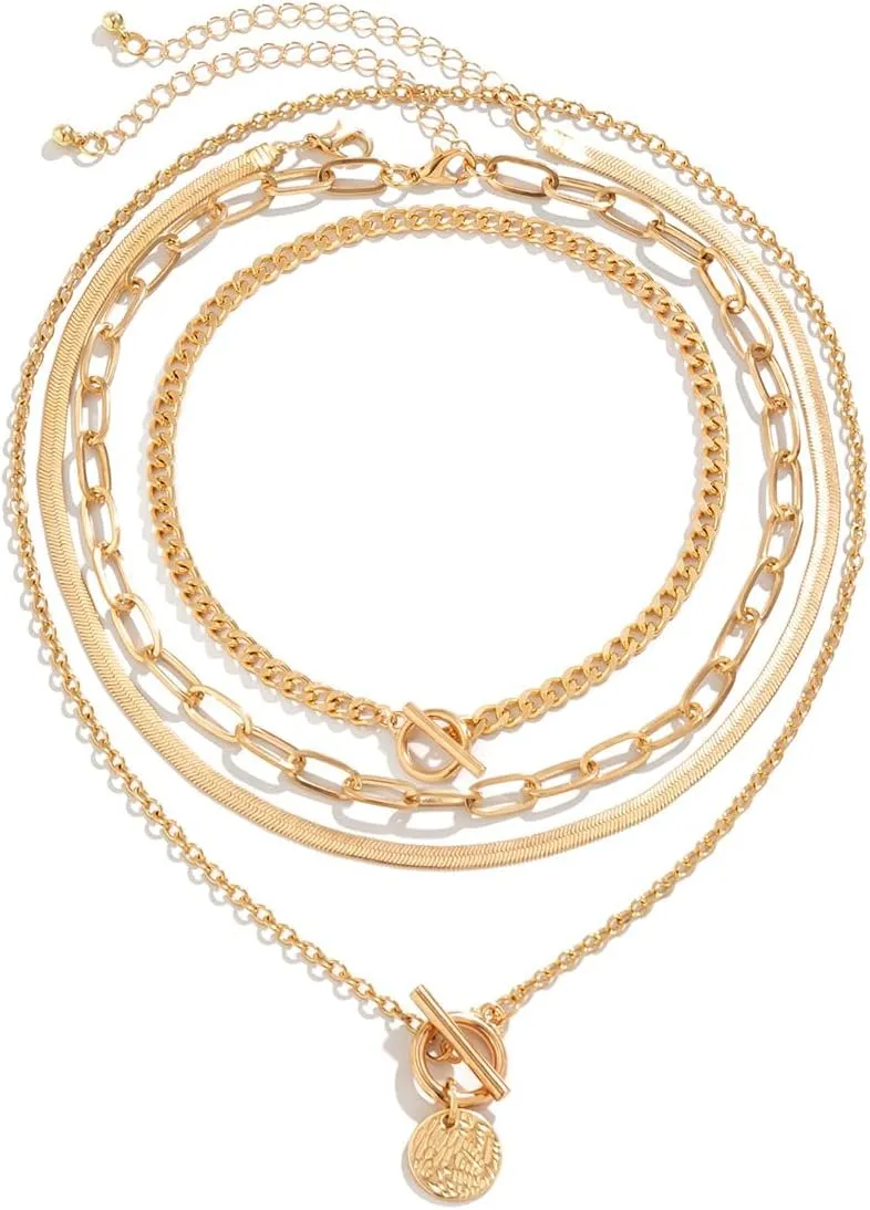 ZMANYIJEW 4pcs Layered Gold Necklaces for Women,Chunky Gold Necklace Herringbone Paperclip Chain Necklace for Women Teen Girls Retro Coin Medallion Pendant Necklaces for Mother's Day